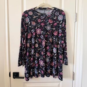 Lane Bryant Black Floral Three-Quarter Sleeve Swing Tunic